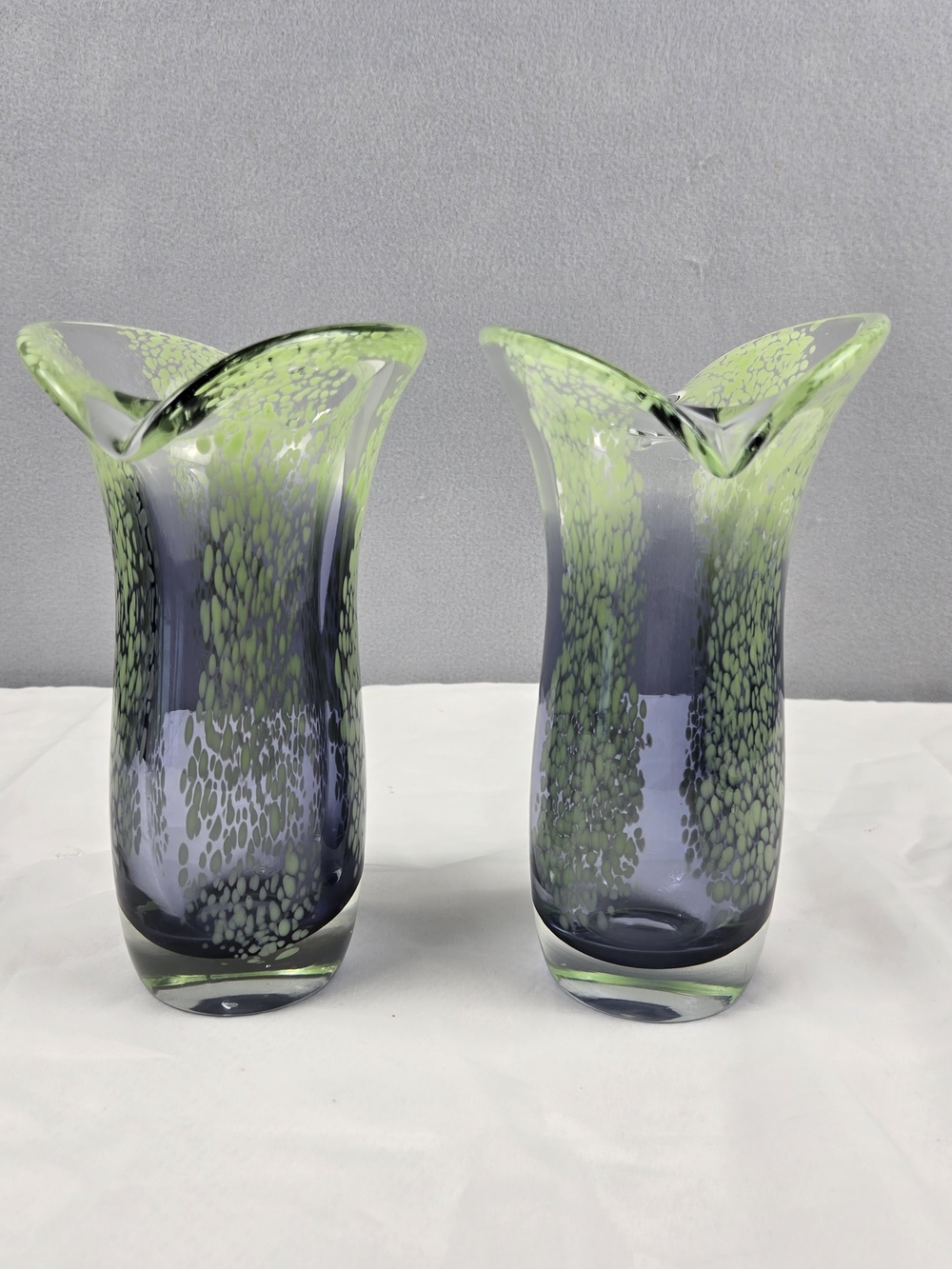 Vintage Teleflora Art Glass Vases Pair Chartreuse Green Purple Spatter